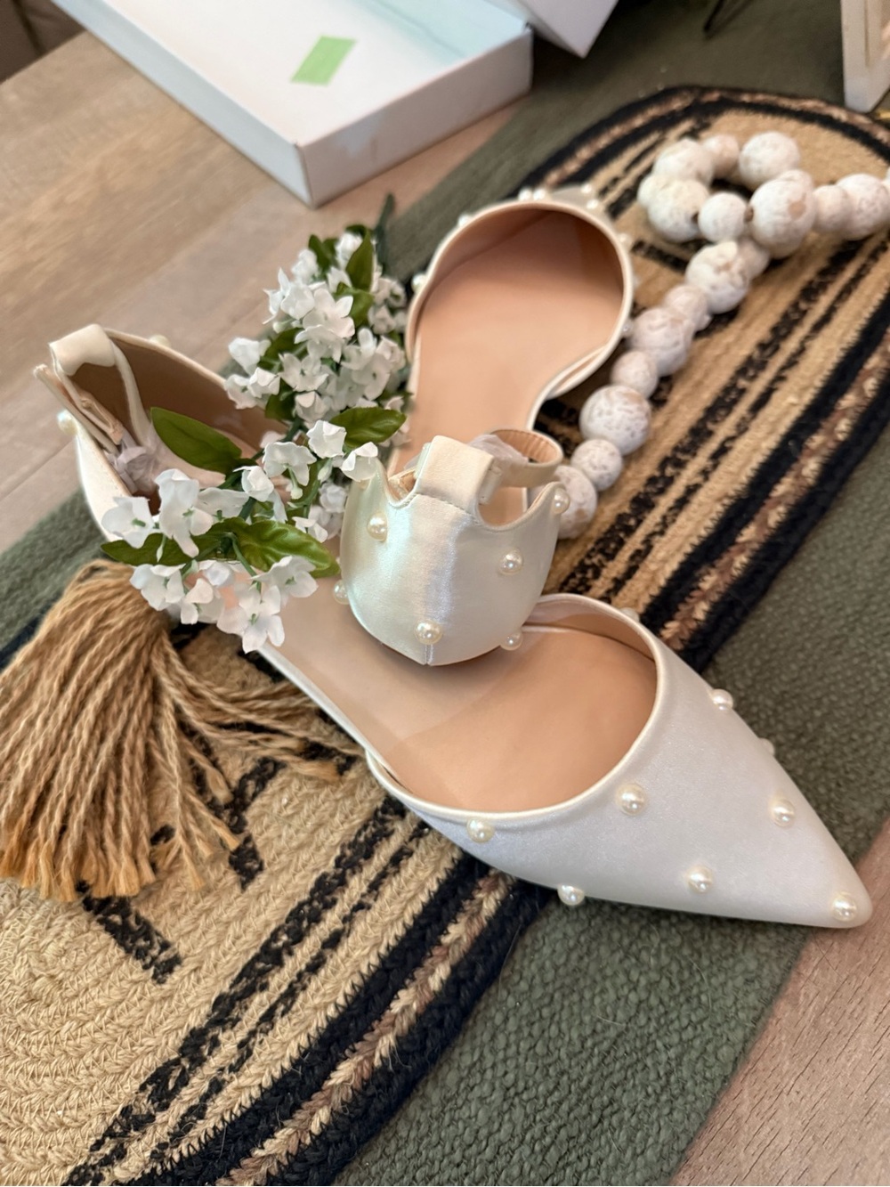 Pearl-Embellished Cream Satin Pointed Toe Flats